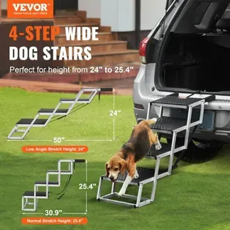 VEVOR Hundetreppe für Autos, breite 4-stufige Hundeautotreppe, zusammenklappbare Hundeautorampe mit rutschfester Oberfläche, tragbare Haustiertreppe aus leichtem Aluminium für Auto, SUV und LKW, trägt bis zu 68 kg VEVOR Hundetreppe für Autos, breite 4-stufige Hundeautotreppe, zusammenklappbare Hundeautorampe mit rutschfester Oberfläche, tragbare Haustiertreppe aus leichtem Aluminium für Auto, SUV und LKW, trägt bis zu 68 kg