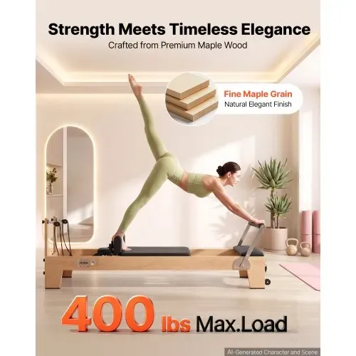 VEVOR Pilates Reformer Gerät 214 cm aus Ahornholz 181 kg Belastbarkeit für Heim-Fitnessstudios, Leises Gleiten, Verstellbare Kopfstütze, mit Pilates-Box, Jumpboard, Fußplattform und Fußschlaufen – Bild 2