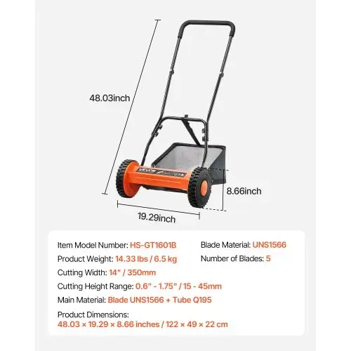 VEVOR Spindelmäher mit 350 mm Schnittbreite, Rasenmäher 15-45 mm einstellbare Schnitthöhe, Handmäher mit 5 Klingen, Grasfangsack, für grüne Rasenflächen, Einfahrten, Innenhöfe – Bild 6