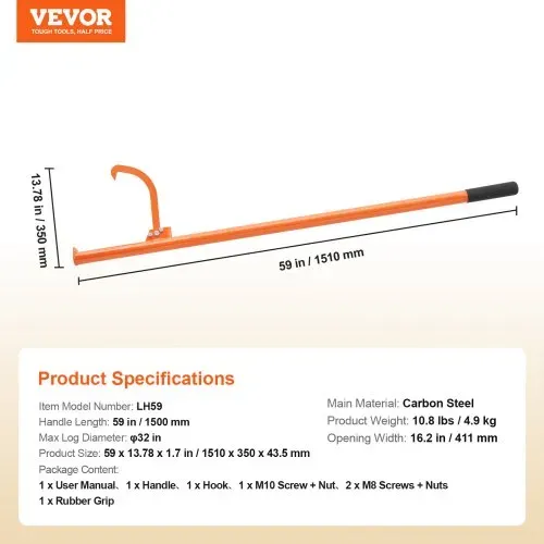 VEVOR Fällheber, 1500 mm, Stammheber aus Stahl, Stammwender, Forsthaken für Stämme mit max. φ 81cm, Forstwirtschaftswerkzeug, Fällhilfe mit Doppelfunktion zum Rollen & Festklemmen von Stämmen – Bild 6