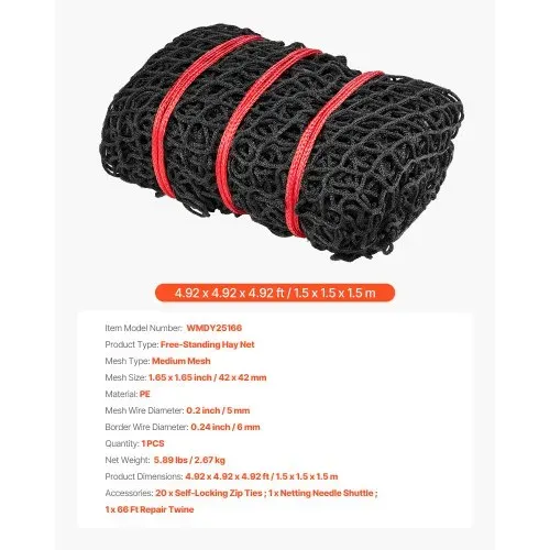 VEVOR Rundballen-Heunetz, 1,5x1,5x1,5 m, 42x42 mm Maschenweite, PE-Material, knotenloses Design, mit Kabelbindern, Nadelschiffchen, Reparaturschnur & Aufbewahrungsbeutel, Futtersparnetz für Pferde – Bild 6
