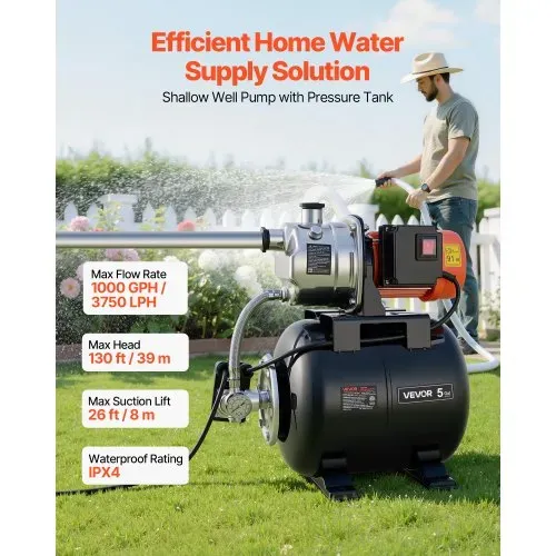 VEVOR Hauswasserwerk 1 PS 3750 L/h Flachbrunnenpumpe mit 1,4-2,8 bar Druckbehälter, für Garten Rasen und Hauswasserversorgung, 39 m Förderhöhe, 8 m Saughöhe, IPX4-Wasserschutz und Manometer VEVOR Hauswasserwerk 1 PS 3750 L/h Flachbrunnenpumpe mit 1,4-2,8 bar Druckbehälter, für Garten Rasen und Hauswasserversorgung, 39 m Förderhöhe, 8 m Saughöhe, IPX4-Wasserschutz und Manometer