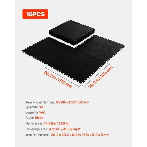 VEVOR PVC Garagenboden, 16er-Pack 513x513x5 mm, Werkstattboden, Industrieboden, Klick Verlegung, rutschfeste PVC-Matten mit Diamantplatte für Werkstatt, Lager, Werkzeugraum, Schwarz – Bild 6