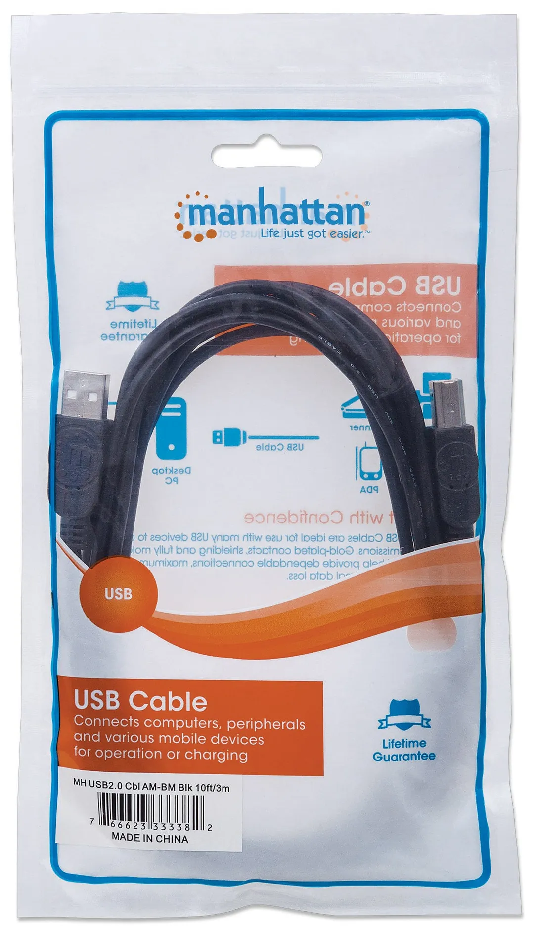 Manhattan Hi-Speed USB B Anschlusskabel, USB 2.0, Typ A Stecker - Typ B Stecker, 480 Mbps, 3 m, Schwarz – Bild 3