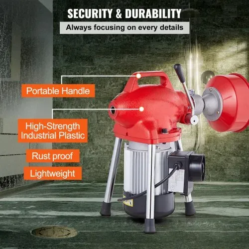 VEVOR Rohrreinigungsmaschine 66 Fuß x 5/8 Zoll, 250 W elektrische Rohrreinigungsmaschine mit manueller Zufuhr – mit 2 Stahlkabeln, 7 Schneidern und CW/CCW-Steuerung für 1,6" bis 4" Rohre – Bild 5