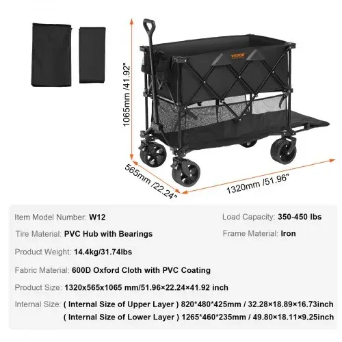 VEVOR Bollerwagen 1320 x 565 x 1065 mm Kinderwagen aus 600D Oxford-Stoff mit PVC-Beschichtung Strandwagen wasserdicht, UV-beständig max. 204 kg Tragfähigkeit Transportkarre Gerätewagen Handwagen – Bild 6