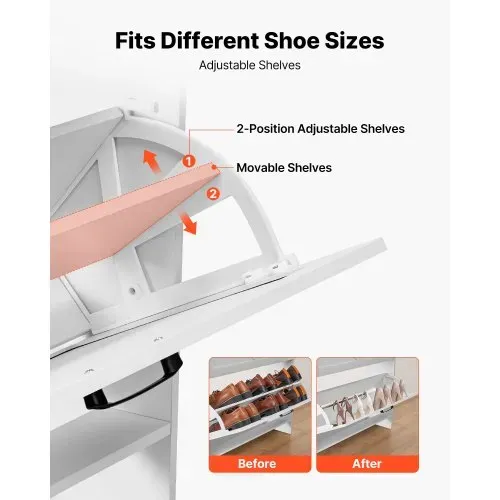 VEVOR Schuhschrank mit 2 Klappen & Kippschutz & Schubladen, platzsparender Schuhkipper, freistehender Schuhregal-Organizer für den Eingang Flur Wohnzimmer Veranda, Schuhregal 80x24x105 cm Weiß – Bild 4