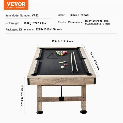 VEVOR Billardtisch, 2,13 m Billardtisch, Billardtisch mit Verstellbaren Beinen, Billardtisch-Set inkl. Bällen, Queues, Kreide und Bürste, Perfekt für Familienspielzimmer für Kinder & Erwachsene – Bild 6