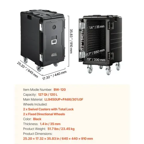 VEVOR Isolierter Lebensmittelbehälter-Träger, Frontlader, Catering-Box mit Rädern, 103 L, Schwarz – Bild 6