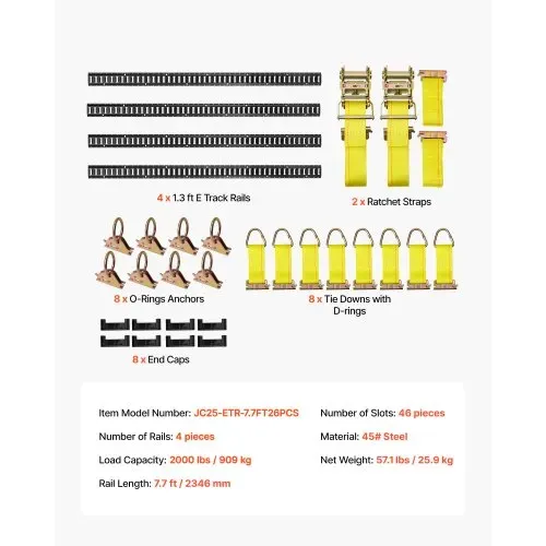 VEVOR E-Track-Zurrschienen-Set, 4er-Pack 2,3 m E-Track-Schienen, 26-tlg., inkl. 2 Ratschengurten & 8 O-Ringen & 8 Zurrgurten mit D-Ring & 8 Endkappen, für Garagen, Lieferwagen, Anhänger, Motorräder – Bild 6
