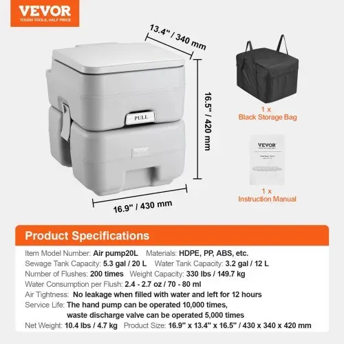 VEVOR Tragbare Toilette für Camping, Porta Potty mit Tragetasche, 5,3 Gallonen Abwassertank und 3,2 Gallonen Spültank, Toilettenstuhl mit Druckknopfspülung, auslaufsichere und geruchslose Reisetoilette fürs Campingauto – Bild 6