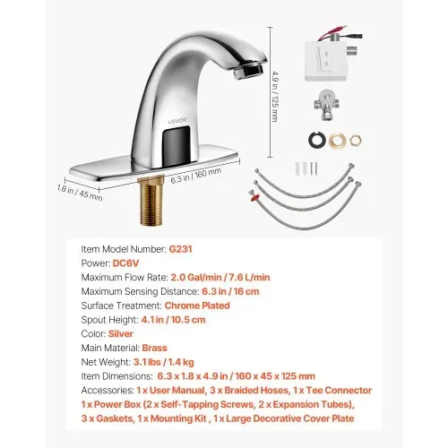 VEVOR berührungsloser Waschtischhahn (verchromtes Silber) Badezimmer, automatische Waschtischarmatur Spültischarmatur, batteriebetriebener Wasserhahn mit einstellbarer Temperatur, Sensorhahn – Bild 6