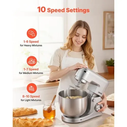 VEVOR Knetmaschine Küchenmaschine zum Backen, 1500 W Teigmaschine mit Edelstahlschüsseln (4,2 + 5,7 L) & Knethaken & Rührbesen & Schneebesen, 10-Gang einstellbare kippbare Rührmaschine Standmixer – Bild 3