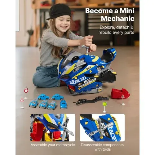 VEVOR Motorradmotor-Spielzeug, 25-teilig, Motorradmechaniker-Spielzeug mit abnehmbaren Teilen, Lichtern & Geräuschen, simuliertes Fahren & Rennstreckenrennen, für Kinder ab 3 Jahren, Blau – Bild 2
