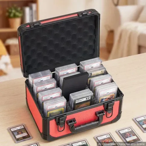 VEVOR Kartenaufbewahrungsbox für 96 PSA-Slab-Karten Karten-Sammelbox Rot, Geeignet für 76 SGC, 68 BGS, 347 Toploader oder über 999 Lose Karten, mit 3 Reihen, Tragegriff, 12 Trennfächern & Schlüsseln – Bild 7