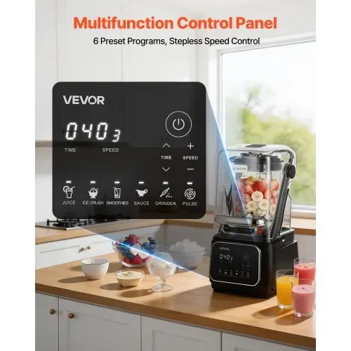 VEVOR Standmixer 2 L Smoothie Mixer mit Schutzabdeckung 2200 W Crushed Ice Maker mit Selbstreinigungsfunktion Einstellbarer Drehzahl 6 Voreingestellte Programme Smoothies Eiscrushing Pürees Schwarz – Bild 5