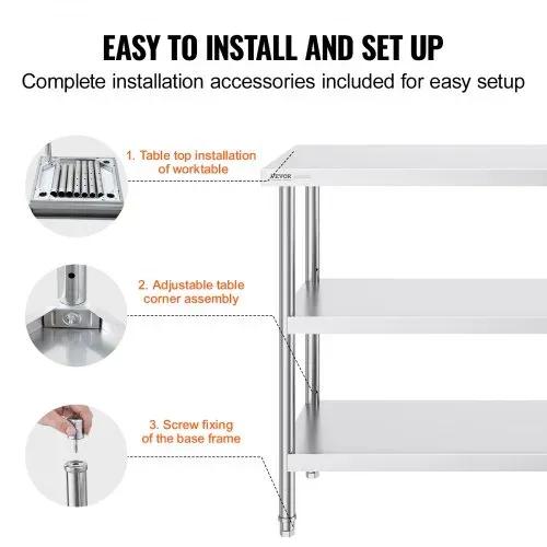 VEVOR Lebensmittel-Zubereitungstisch aus Edelstahl, Gewerblicher Küchenarbeitstisch, mit 2 verstellbaren Unterregalen, 457 x 1219 x 864 mm Zubereitungstisch für Grill, Küche, Zuhause – Bild 5