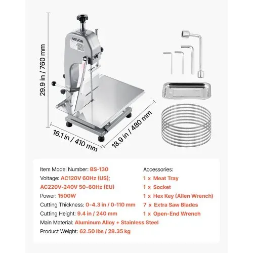 VEVOR Elektrische Fleischbandsäge 1500 W, Knochenschneidemaschine mit Arbeitsfläche (315 x 460 mm), Schnittstärke (0-110 mm) und 7 zusätzliche Ersatzklingen, für Gefrorenem Fleisch, Schweinefleisch – Bild 6