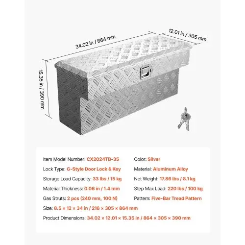 VEVOR Werkzeugkasten für Ladefläche, Aluminium-Staukasten mit Profilmuster, Aufbewahrung-Organizer mit Schloss & Schlüssel, ideal für Lkw, Pickup, Wohnmobil, Anhänger, 864x305x390 mm – Bild 6