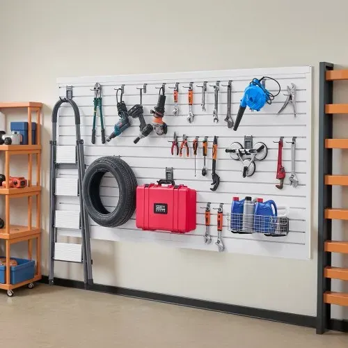 VEVOR Werkzeugwand 1225x2450x20mm, PVC-Garagen-Lamellenwand mit Zubehör, 136 kg, weißer Wandorganizer, Lamellenwandpaneel mit Verbindungsstruktur & DIY-Zuschnitt, geeignet für Lagerung & Präsentation – Bild 7