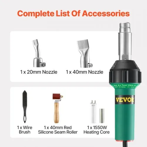 VEVOR Heißluft-Kunststoffschweißgerät, 1600 W Heißluftpistole, 50–600 °C PVC TPO Vinyl Schweißbrenner, 5-teiliges Hot Air Welder Set und 2 Flachdüsen, 1 Nahtrolle, Bürste für PP/PE/PVC-Platten – Bild 5