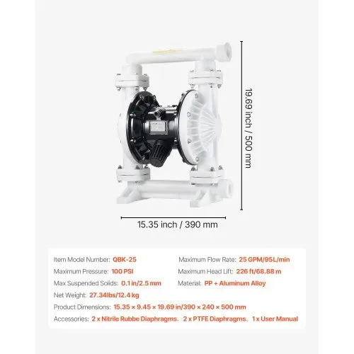 VEVOR Druckluft-Doppelmembranpumpe, 95 L/min, 25,4 mm Einlass & Auslass, pneumatische Altöl-Transferpumpe, max. 100 PSI, Polypropylengehäuse, luftbetrieben für Diesel, Fett, Kerosin, Benzin & Öl – Bild 6