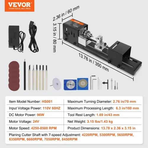 VEVOR Mini Drehbank 96W Drechselbank Max. Drehdurchmesser 70mm Drechselmaschine Spindeldrehzahl 4250–8500U/min Kopierdrechselbank mit 7-Gang-Einstellung Drehbank mit komplettem Zubehör – Bild 6