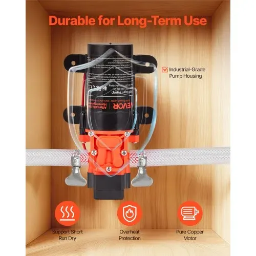 VEVOR Membranpumpe, 12 V DC, 4,5 L/min, selbstansaugende 2-Kammer-Membranwasserpumpe mit 2 Schlauchschellen, 5,5 bar max. Druck, leiser Betrieb, für Wohnmobil, Wohnwagen, Boot, Gartenbewässerung – Bild 4