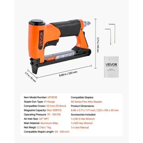 VEVOR Druckluft-Tacker, Druckluftnagler für Feindrahtklammern der Serie 80, 12,8 mm Krone, 6-16 mm Länge, max. 150 Stk. Ladekapazität, für Polsterarbeiten, Holzarbeiten, Heimwerkerprojekte – Bild 6