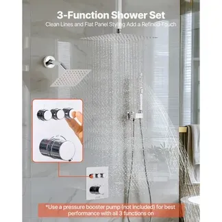 VEVOR Duschsystem-Set mit 12 Zoll Regenduschsystem / 6 Zoll Wandmontagekopf / 2 in 1 Handbrause, drehbarer Doppelregenkopf (3 Funktionen), Messingventil und Verkleidungssatz, Chrom thermostatisch VEVOR Duschsystem-Set mit 12 Zoll Regenduschsystem / 6 Zoll Wandmontagekopf / 2 in 1 Handbrause, drehbarer Doppelregenkopf (3 Funktionen), Messingventil und Verkleidungssatz, Chrom thermostatisch