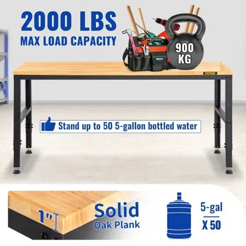 VEVOR Verstellbare Werkbank, 48" L x 20" B x 38,1" H Garagentisch mit 28,3"-38,1" Höhe und 2000 lbs Tragkraft, mit Steckdosen und Hartholzplatte und Metallrahmen und Fußpolstern, für Büro, Zuhause, Garage – Bild 4