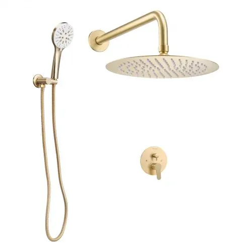 VEVOR Duscharmatur Regenduschsystem fürs Badezimmer Duschsystem mit 254 mm runden Regenduschkopf & Handbrause, wandmontierte Badezimmerarmaturen mit Messingventil & Zierset, gebürstetes Gold – Bild 8