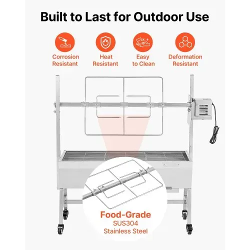 VEVOR Drehspießgrill 38 W Spanferkelgrill Lammgrill Holzkohlegrill (94 cm Grilllänge) mit 60 kg Tragkraft & Rädern & 7-facher Höhenverstellung, Edelstahl-Elektrogrill-Set für Camping Outdoor – Bild 5