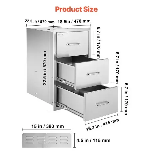 VEVOR Küchenschubladen Outdoor Schubladenschrank (47 x 57 x 57 cm) mit dreifachem Zugriff aus Edelstahl, Schubladenaufbewahrung für Grillinsel mit Griff, für Grillstation – Bild 6