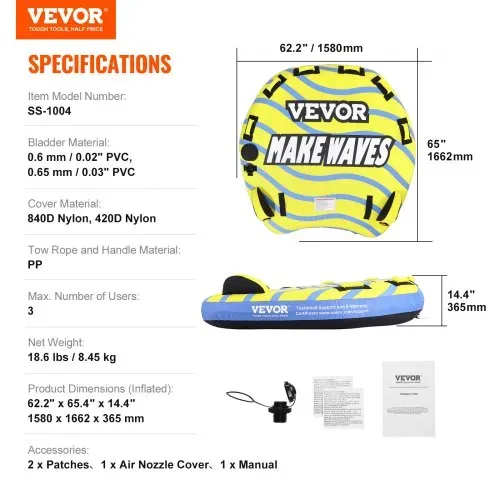 VEVOR Schleppschlauch zum Bootfahren, aufblasbarer Schleppschlauch für 1–3 Fahrer mit Stoßfängerflossen, 510 lbs Wassersport-Schleppschläuche zum Ziehen von Booten, Vollnylon-Überzug – Bild 6