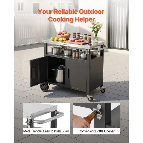 VEVOR Outdoor-Grillwagen mit Aufbewahrungsschrank, 92 cm Grilltisch mit Edelstahlplatte, Griff, Rollen und Flaschenöffner, Küchenwagen & Servierwagen für Terrasse, Garten, Bar und BBQ-Bereich – Bild 4