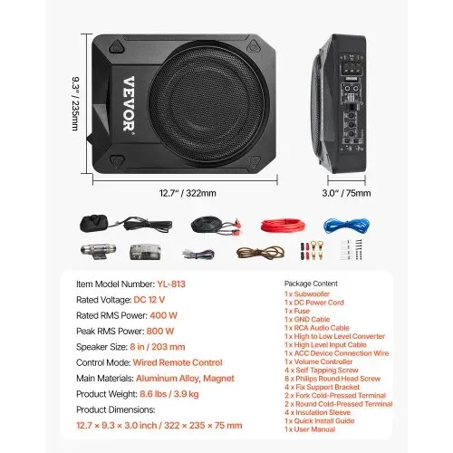 VEVOR Untersitz Auto Subwoofer 800 W 203 mm schlanker Auto Subwoofer mit Stromversorgung, Subsystem mit eingebautem Verstärker, Hoch-/Niedrigpegel-Eingang und Lautstärkeregler für SUVs Lkws – Bild 6