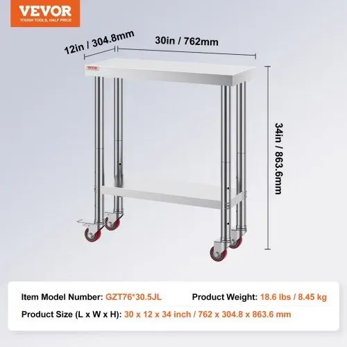 VEVOR Arbeitstisch 762 x 304,8 x 863,6 mm Edelstahl Catering Arbeitstisch etwas 100kg für Belastbarkeit Lebensmittel Zubereitungstisch Gewerbliche Arbeitstisch für Küche Bar Restaurantar 4 verstellbare Füße – Bild 6