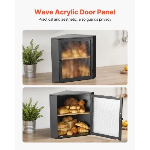 VEVOR Eck-Brotkasten doppellagiger Brotbehälter Brotbox Organizer aus Holz für selbstgebackenes Brot, Aufbewahrungsbehälter mit gewellter Acryl-Türplatte, Brotaufbewahrung Lagerung Schwarz – Bild 4