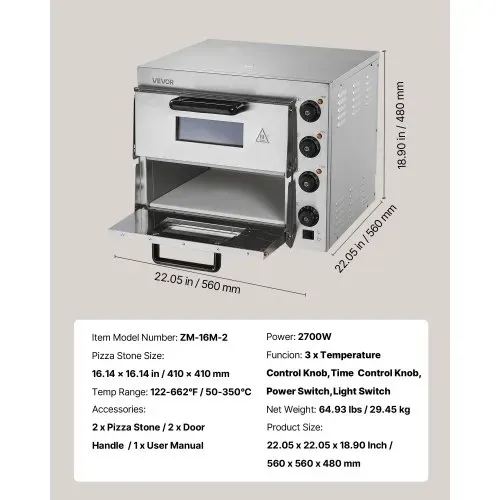 VEVOR Kommerzieller Pizzaofen für die Arbeitsplatte, 16-Zoll-Doppeldecker-Schichten, elektrischer Pizzaofen aus Edelstahl mit Stein und Griff, Mehrzweck-Pizzamaker für den Innenbereich zum Backen von Brezeln im Restaurant zu Hause – Bild 6