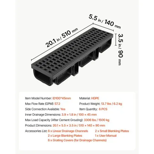 VEVOR 6 Stk. Entwässerungsrinne Bodenrinne aus Kunststoff 510x140x90mm, Abflussrinne mit Rost & Endkappen, 1,5t Belastbarkeit, Max. 13m³/h Durchfluss, Entwässerungssystem für Garten Gehweg Pool – Bild 6