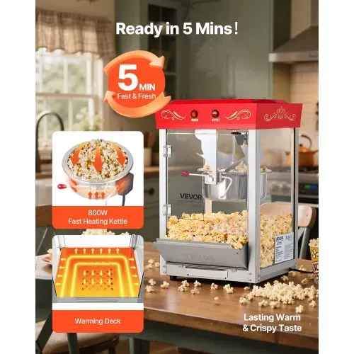 VEVOR Popcornmaschine mit Edelstahlkessel, 800 W kommerzieller Popcornmaker, 48 Tassen pro Ladung, Kinostil, mit 2-Tasten-Bedienung, Glaswand, PC-Tür, 1 Portionierer, 3 Löffel, Rot – Bild 3