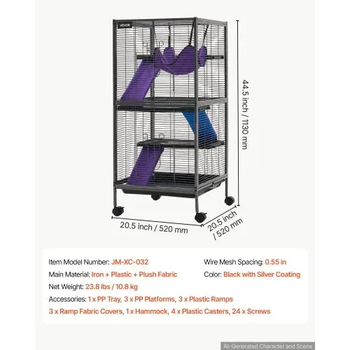 VEVOR Kleintierkäfig Metall Frettchenkäfig Kleintiergehege 52x52x113 cm, Frettchen Chinchillas Gleithörnchen Meerschweinchen & Kaninchen 4-Stöckig 13,97 mm Drahtabstand Feststellbare Schwenkrolle – Bild 6