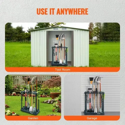 VEVOR Gartengeräte Ständer 75x35x82cm Gerätehalter Organizer PP Mehrzweck Gartengeräteaufbewahrungsregal 10 Werkzeugfächer Anti-Kipp-System Gartenwerkzeug Halter Besenhalter Garage Garten Zimmer – Bild 5