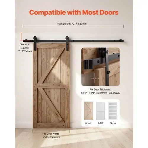 VEVOR Schiebetürsystem 183 cm Laufschiene, Schiebetürbeschlag Tragkraft 150 kg, kompatibel mit 914 mm max. Breite und 34,92 bis 44,45 mm Dicke, Schiene & J-förmige Rolle, schwarz – Bild 5