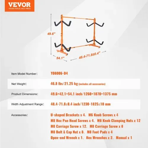 VEVOR Kayak Halterung Kajak Aufhänger 1260 x 1070 x 1375 mm, Freistehender Kajakständer 4 Kajaks 1230–1825 mm Breitenverstellbereich, Kajak Aufbewahrungsregal Robuste Kajak-Aufbewahrungshaken – Bild 6