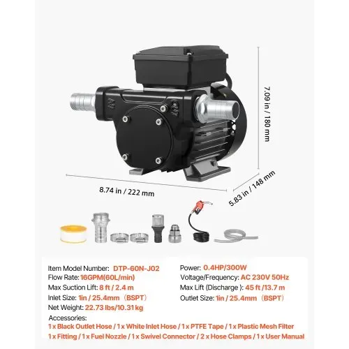 VEVOR Kraftstoff-Transferpumpe, 230 V AC, elektrische Diesel-Transferpumpe, 60 l/min, mit automatischer Abschaltung der Kraftstoffdüse, 2 Schläuchen, 13,7 m Förderhöhe, für Kerosin, Biodiesel – Bild 6