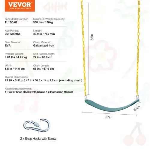 VEVOR 2er-Pack Schaukelsitze mit 168 cm langen beschichteten Ketten und Karabinerhaken, unterstützt 136 kg Schaukeln, Ersatz für Outdoor-Schaukel-Set, Schaukel-Set-Zubehör für Kinder, grün – Bild 6