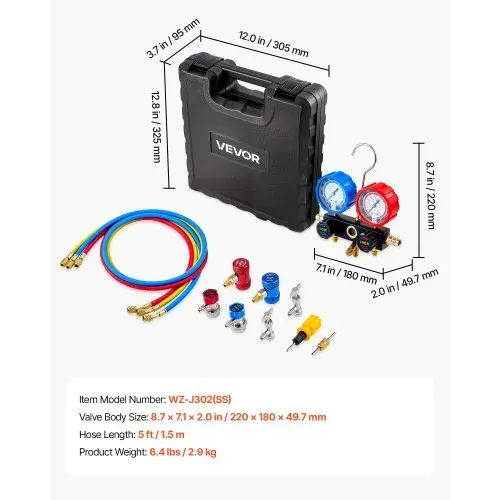 VEVOR AC Klimaanlagen-Manometer-Set für R134a R404A R1234y R22 Kältemittel, 3-Wege-Manometer mit 1,5-m-Schläuchen & Adaptern & Schnellkupplungen & Dosenanschlüssen Geeignet für Kfz-Klimaanlagen – Bild 6