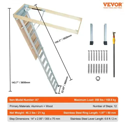 VEVOR Teleskopleiter 158,8 kg Stehleiter 12 Stufen Installationshöhe von 290 bis 300 cm oder 341 bis 366 cm Klappleiter Aluminium + Holz Haushaltsleiter mit hydraulisch gedämpftem Abstiegsdesign – Bild 6